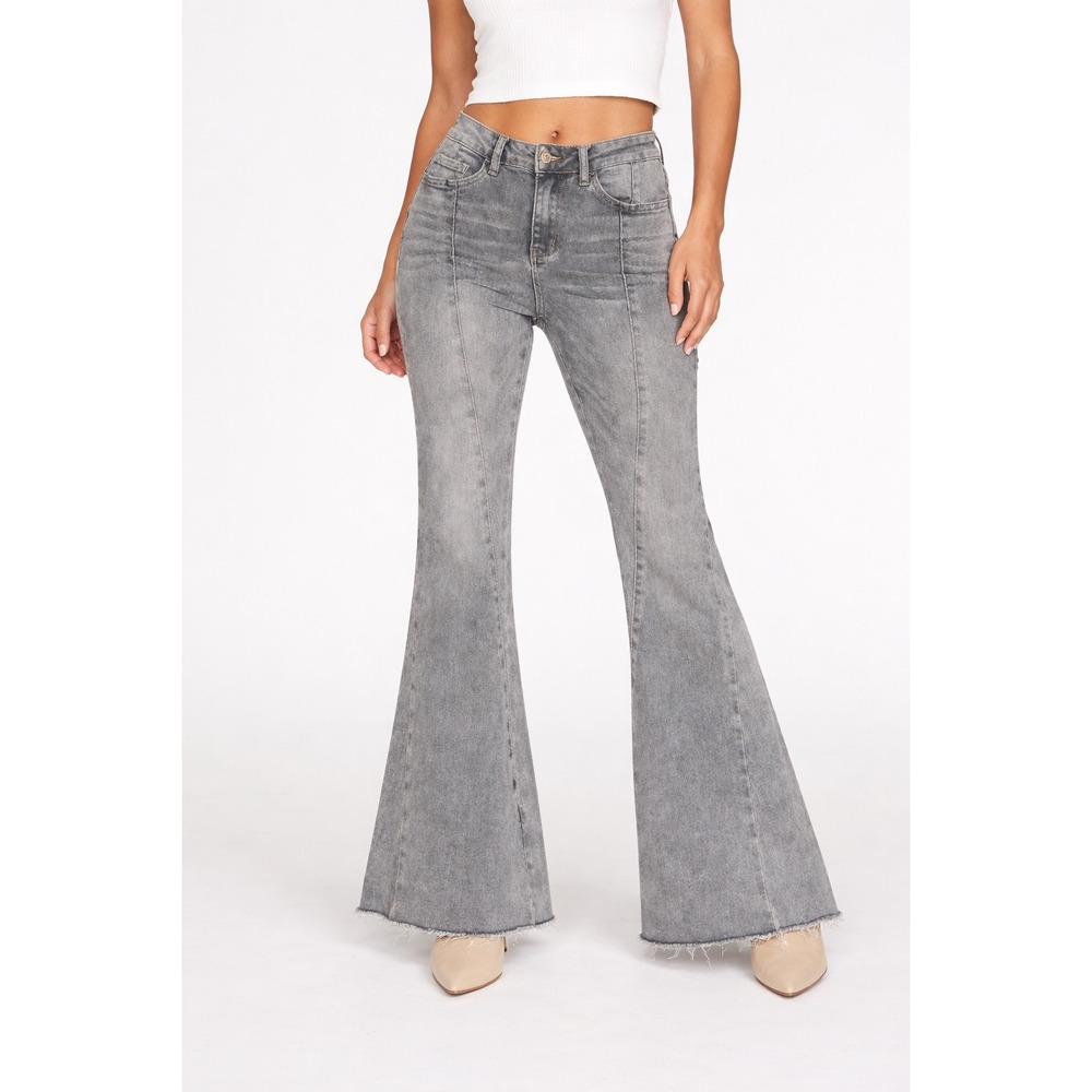 Flying Monkey Gray Wash High Rise Super Flare Jeans Raw Hem Women's Size 26
